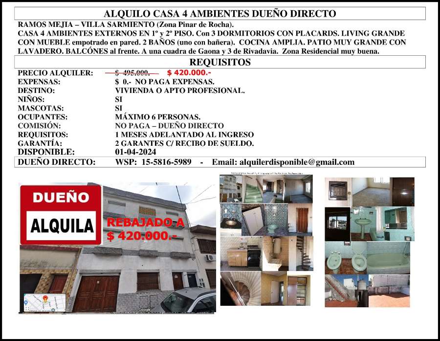 Oportunidad: Departamento en Alquiler en Moron · dueño directo · 3 dorm · 4 ambientes · 120 m² de lote - Imagen 2