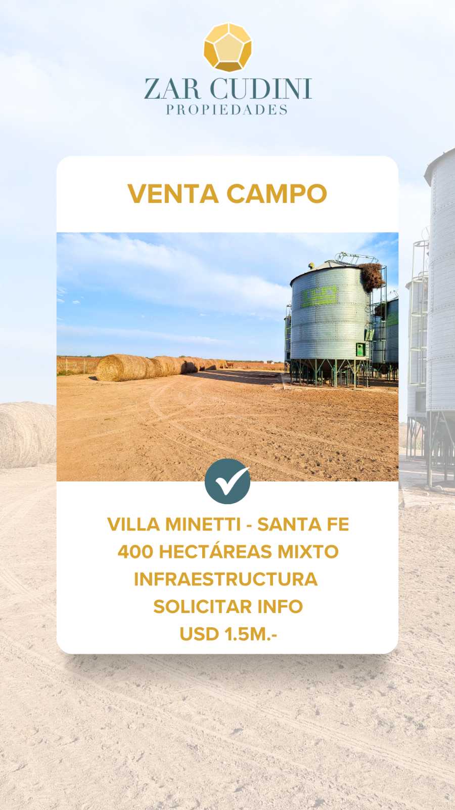 Venta CAMPO VILLA MINETTI SANTA FE 400 HECTAREAS MIXTO - Imagen 1