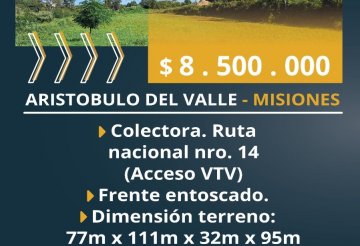 Lote ubicado sobre calle colectora ruta nacional 14 en el acceso a la VTV de Aristóbulo del Valle. , Aristobulo del Valle