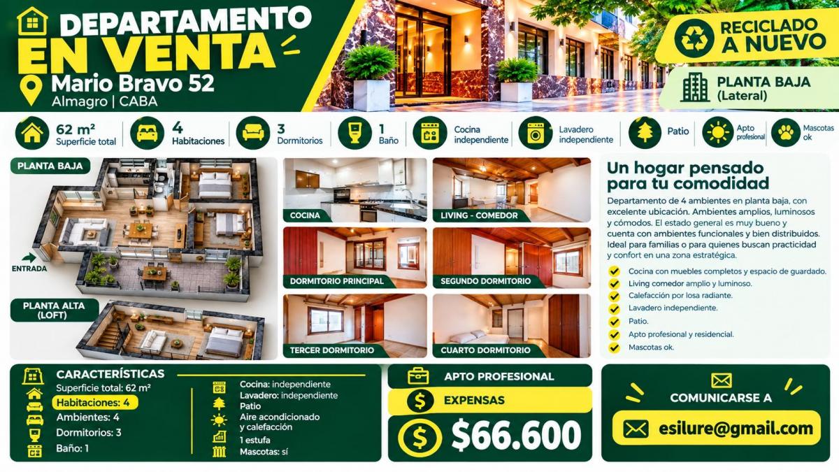 Departamento en Caballito: en Venta · dueño directo · 4 o más dorm · 4 ambientes · 62 m² de lote - Imagen 1